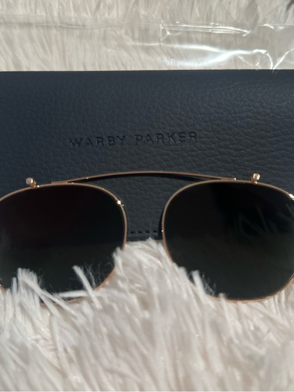 Warby Parker Carlton Clip on Gold Frame Sunglasses Dark Lenses Sleek Elevated